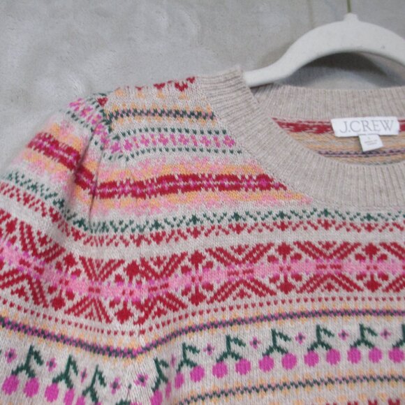 J. CREW Puff-Sleeve Fair Isle Crewneck Sweater Cherry Print Tan Pink Sz Large - Picture 6 of 12